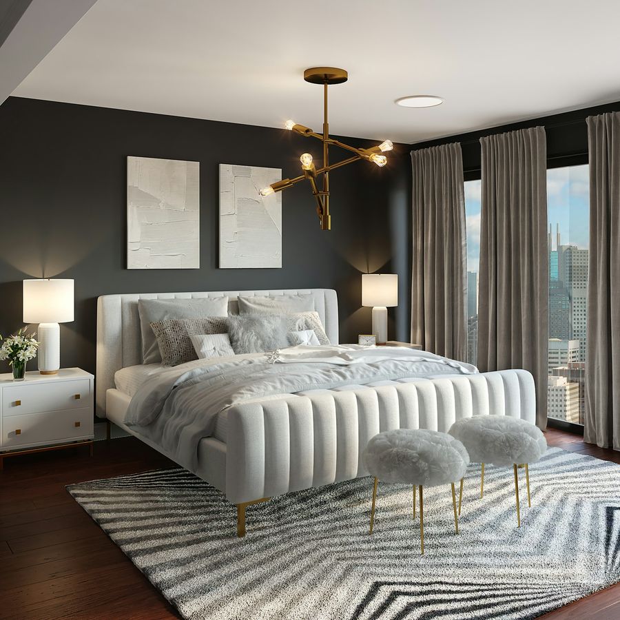 Koyu tonlarda tasarlanmış yatak odası